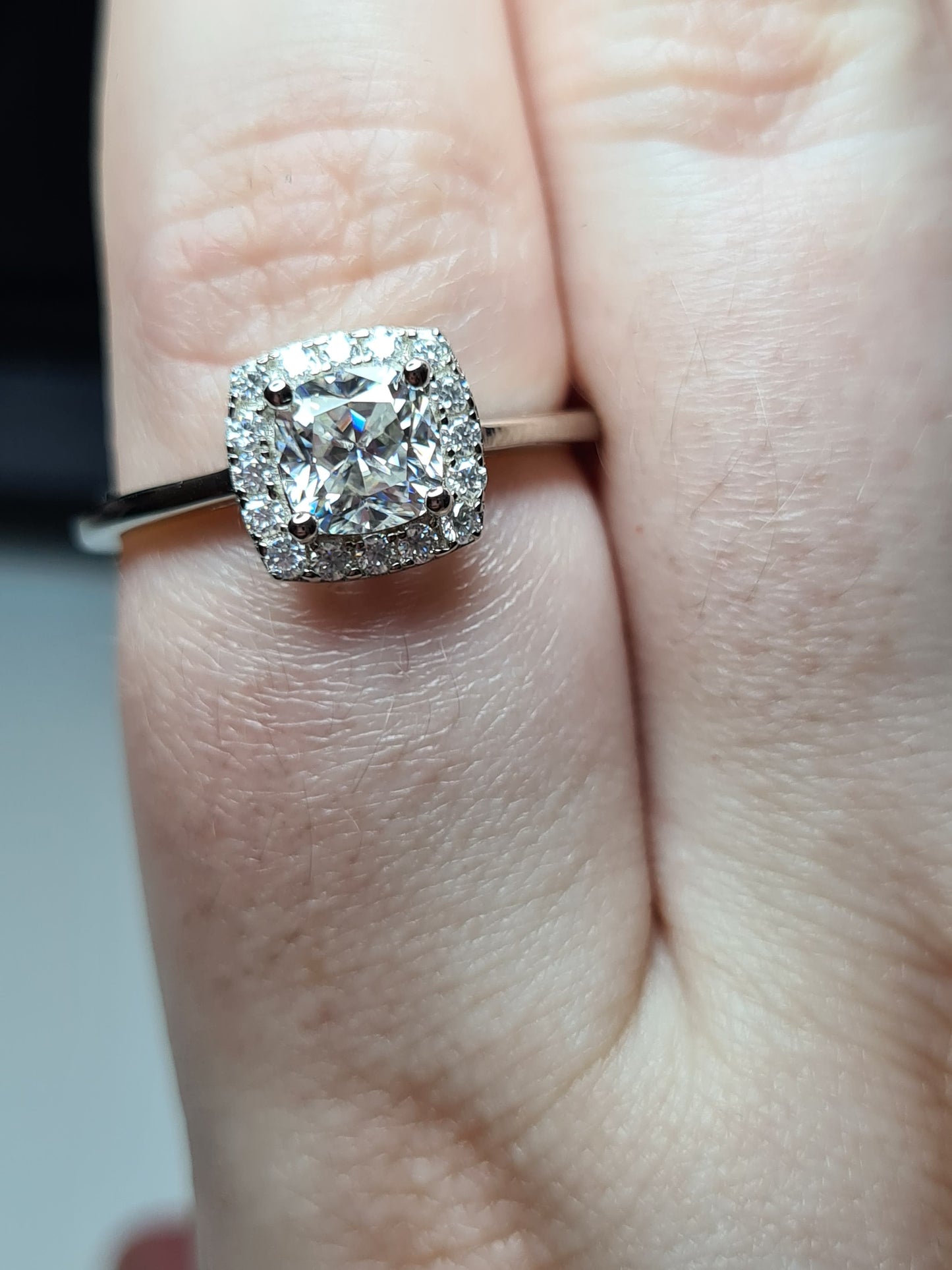 Moissanite Cushion Cut Halo Ring 925 Sterling Silver SIZES L, S