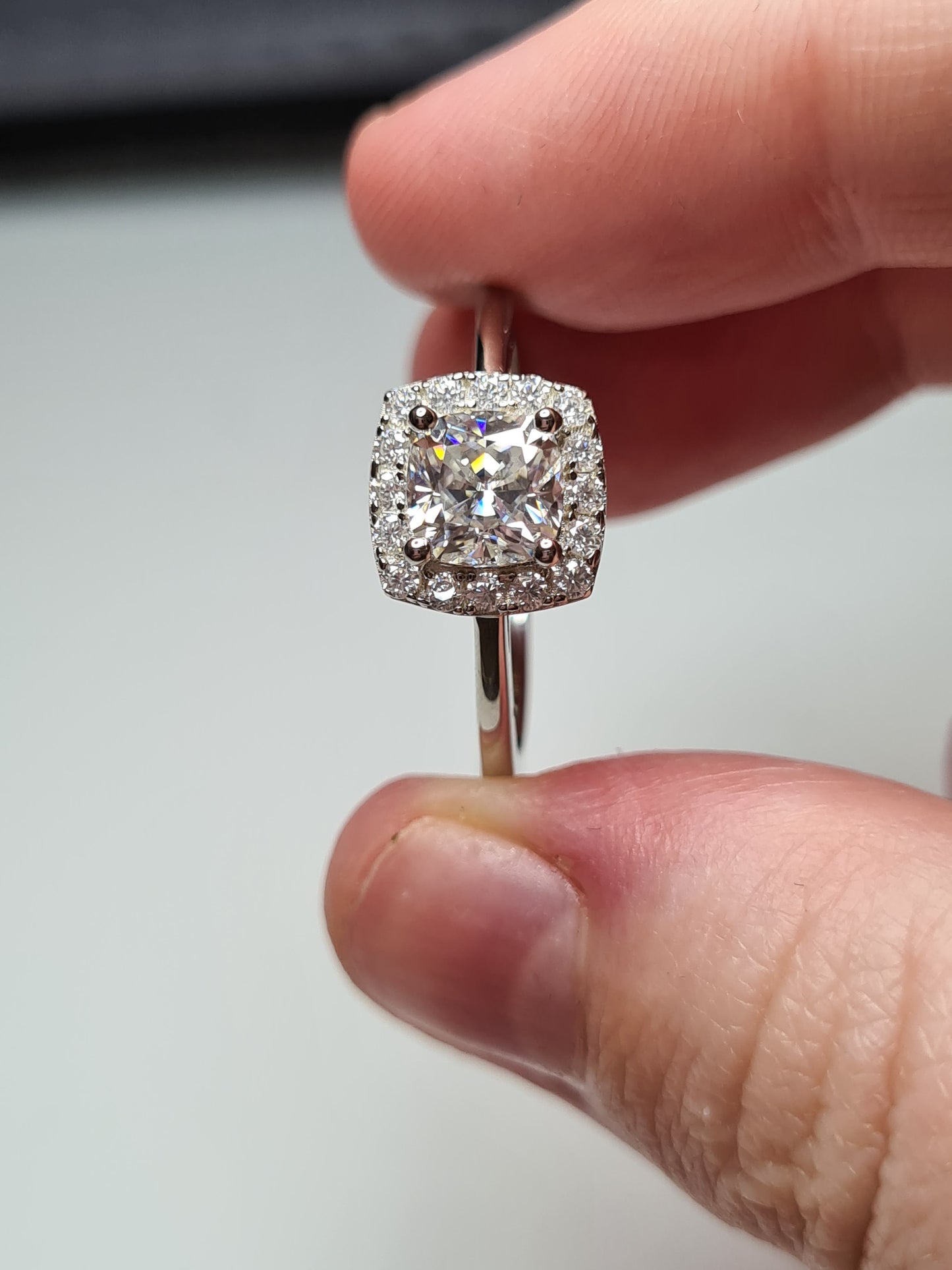 Moissanite Cushion Cut Halo Ring 925 Sterling Silver SIZES L, S