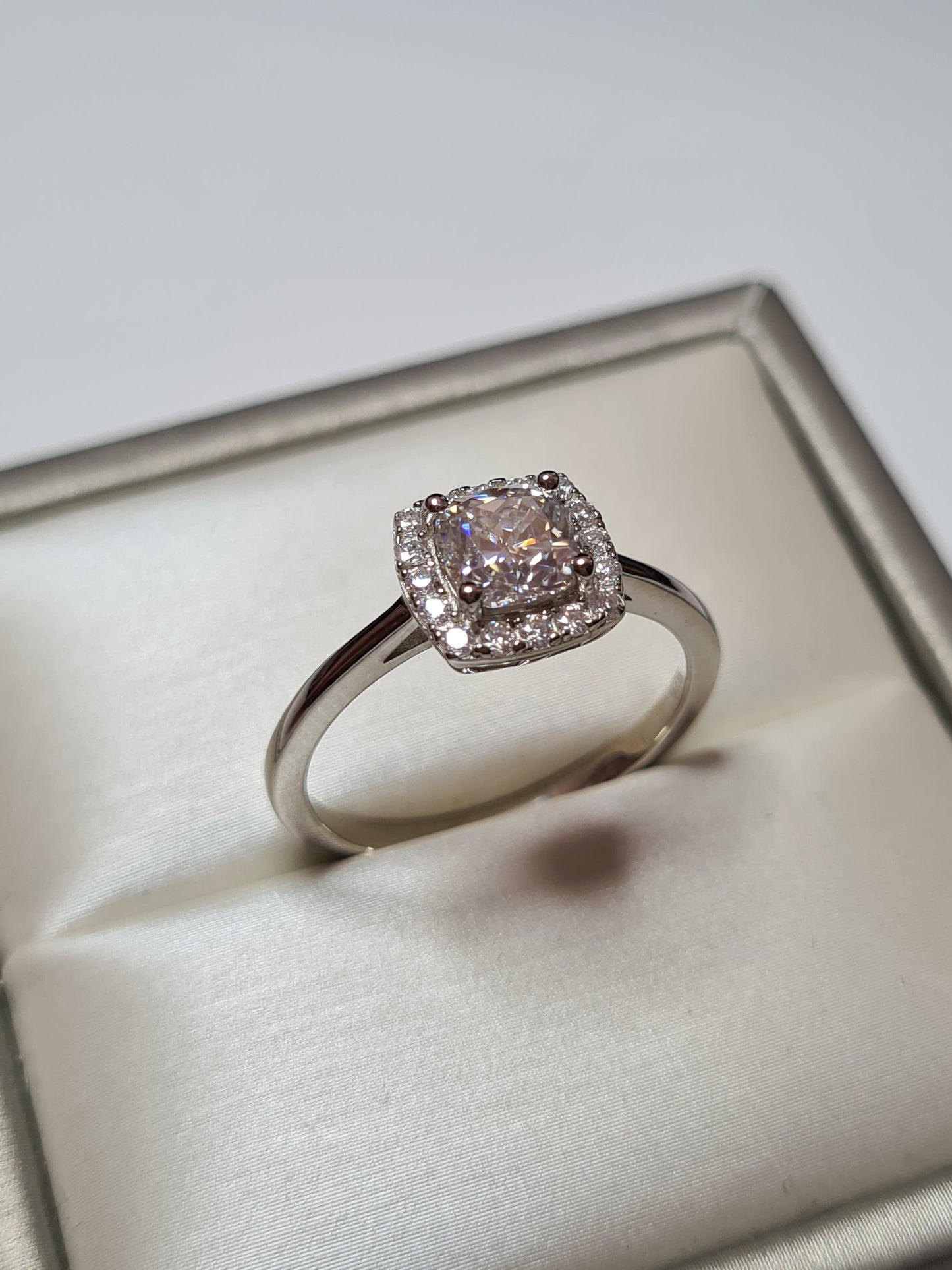 Moissanite Cushion Cut Halo Ring 925 Sterling Silver SIZES L, S