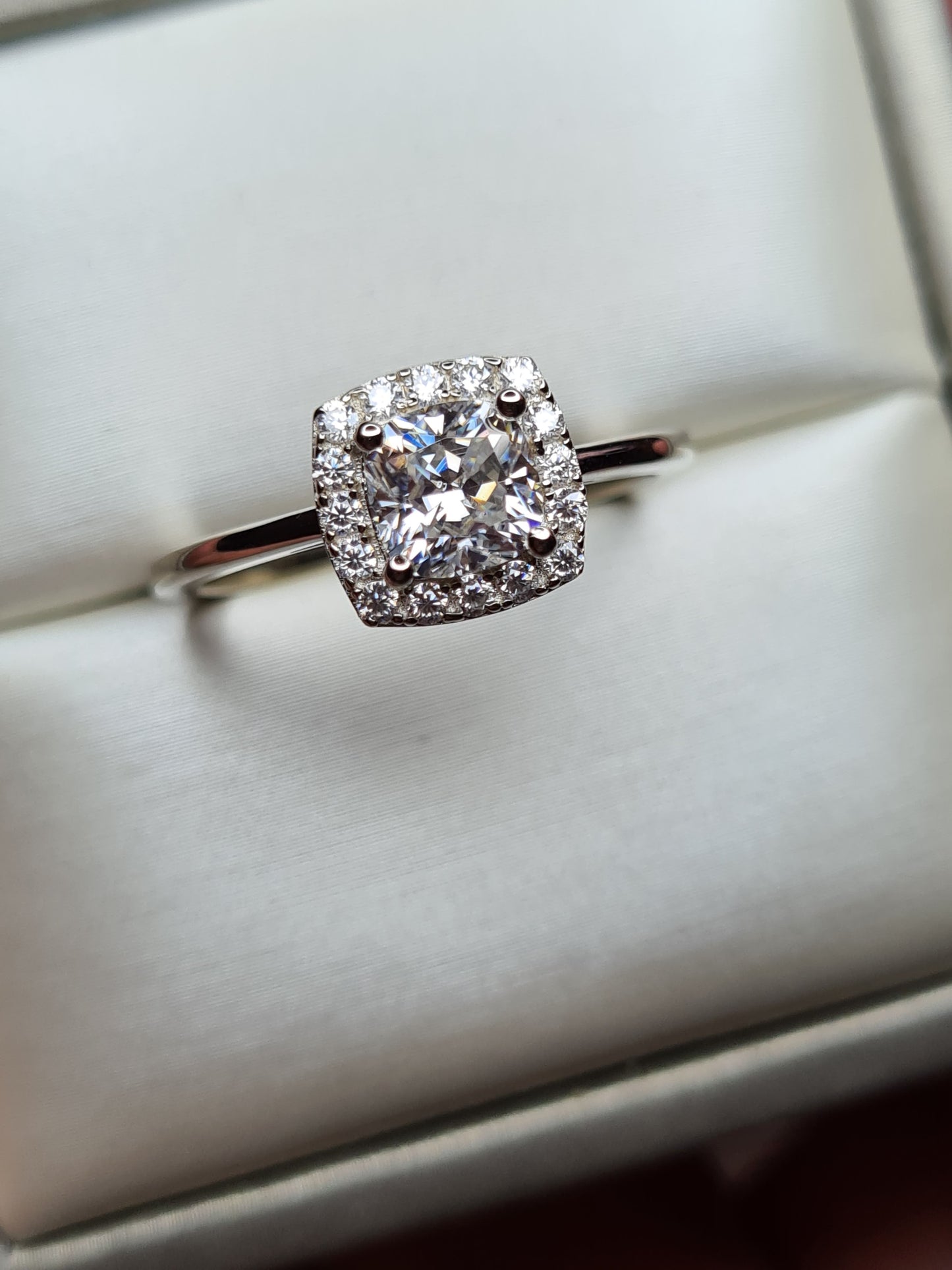 Moissanite Cushion Cut Halo Ring 925 Sterling Silver SIZES L, S