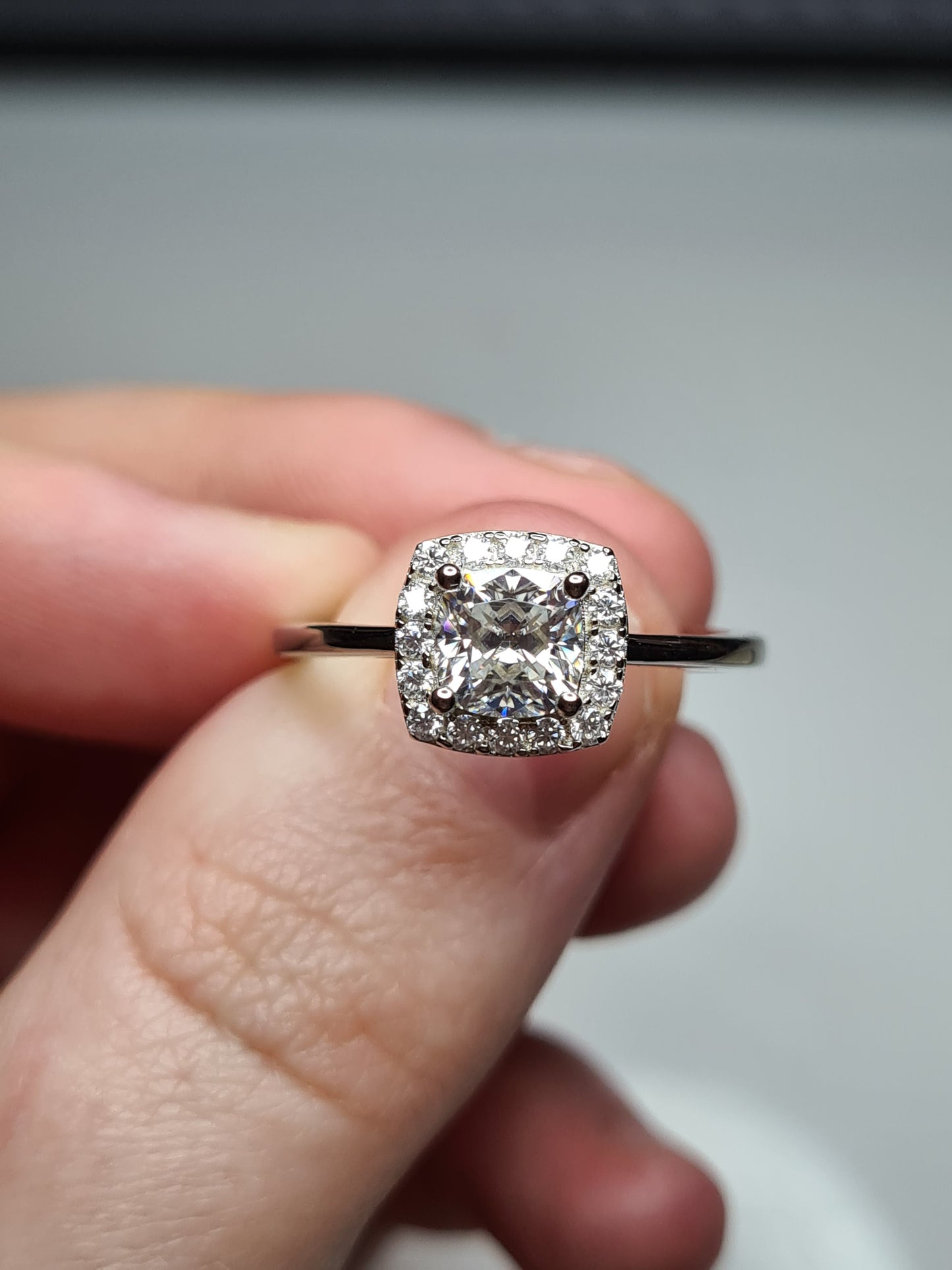 Moissanite Cushion Cut Halo Ring 925 Sterling Silver SIZES L, S