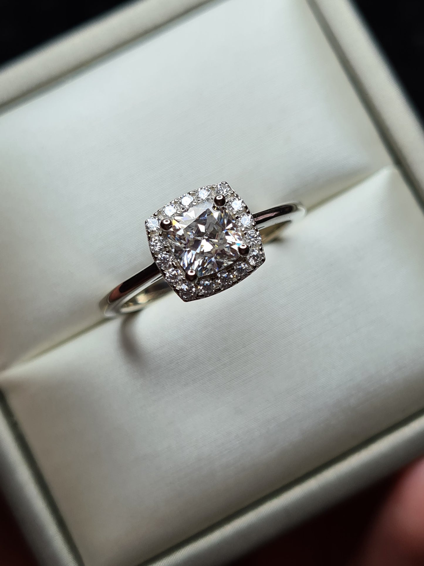 Moissanite Cushion Cut Halo Ring 925 Sterling Silver SIZES L, S