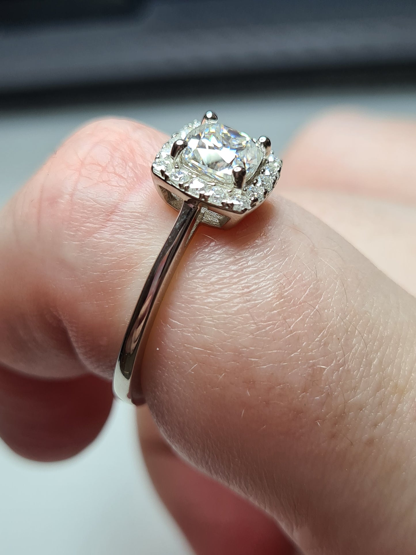 Moissanite Cushion Cut Halo Ring 925 Sterling Silver SIZES L, S