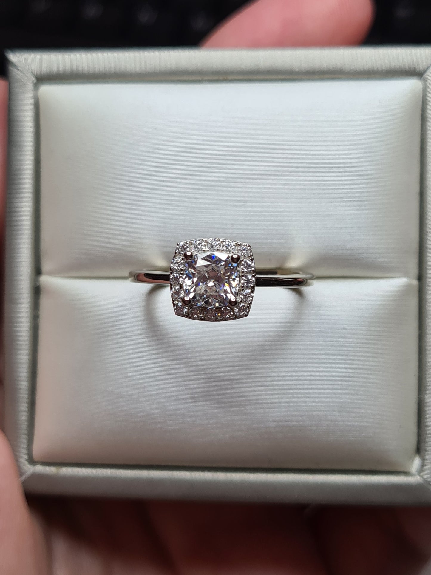 Moissanite Cushion Cut Halo Ring 925 Sterling Silver SIZES L, S