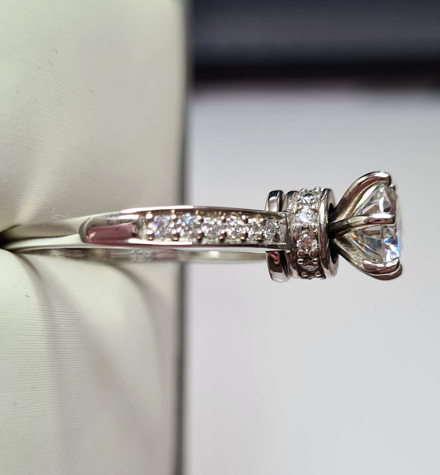 Engagement Halo Spinner Moissanite Ring in Platinum Overlay Sterling Silver SIZES N,O