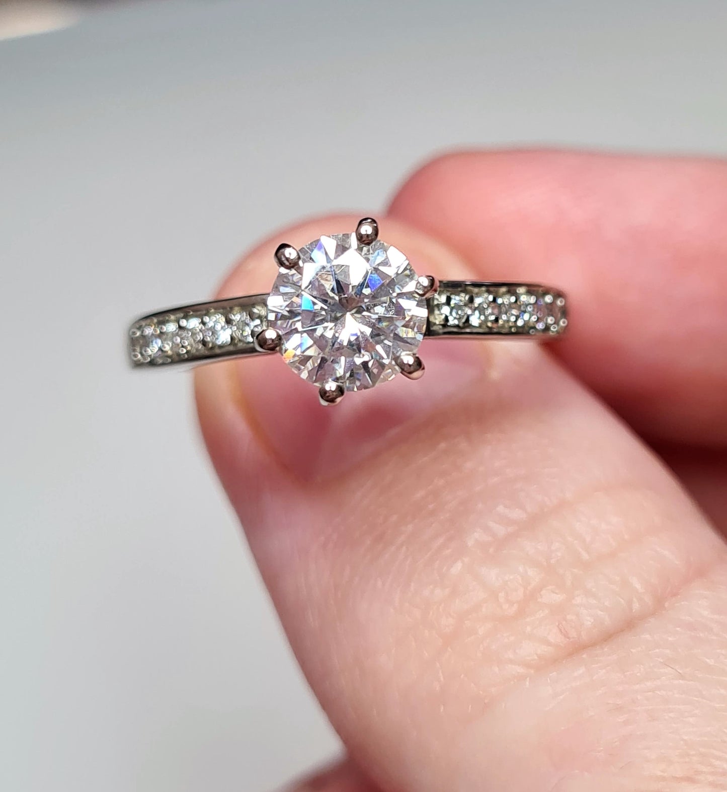 Engagement Halo Spinner Moissanite Ring in Platinum Overlay Sterling Silver SIZES N,O