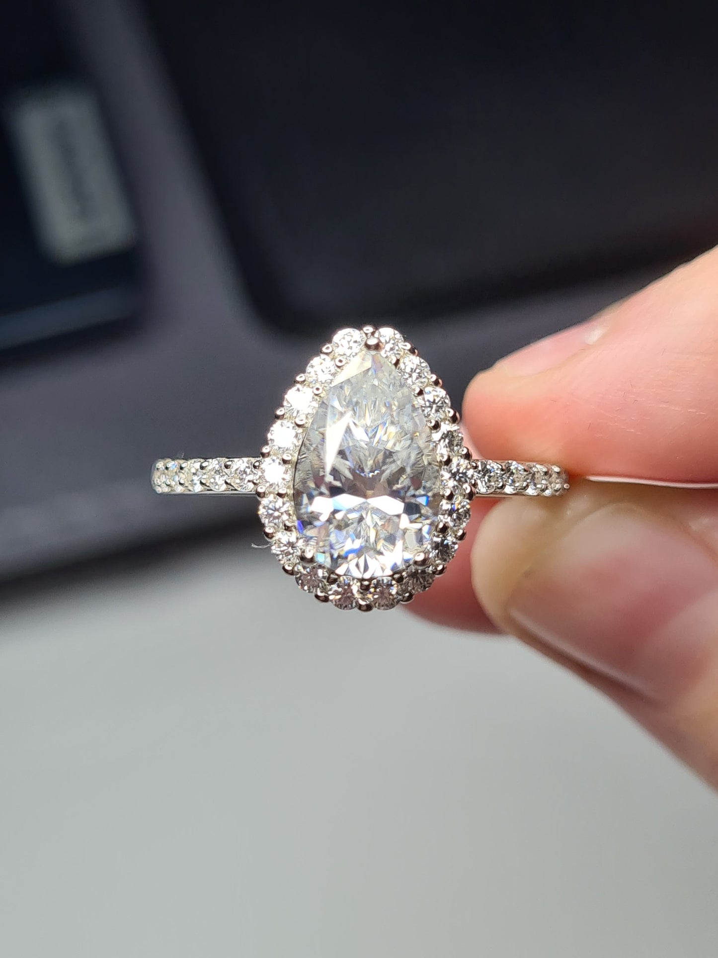 3.71ct Pear Cut Halo Moissanite Ring 925 Sterling Silver SIZE L