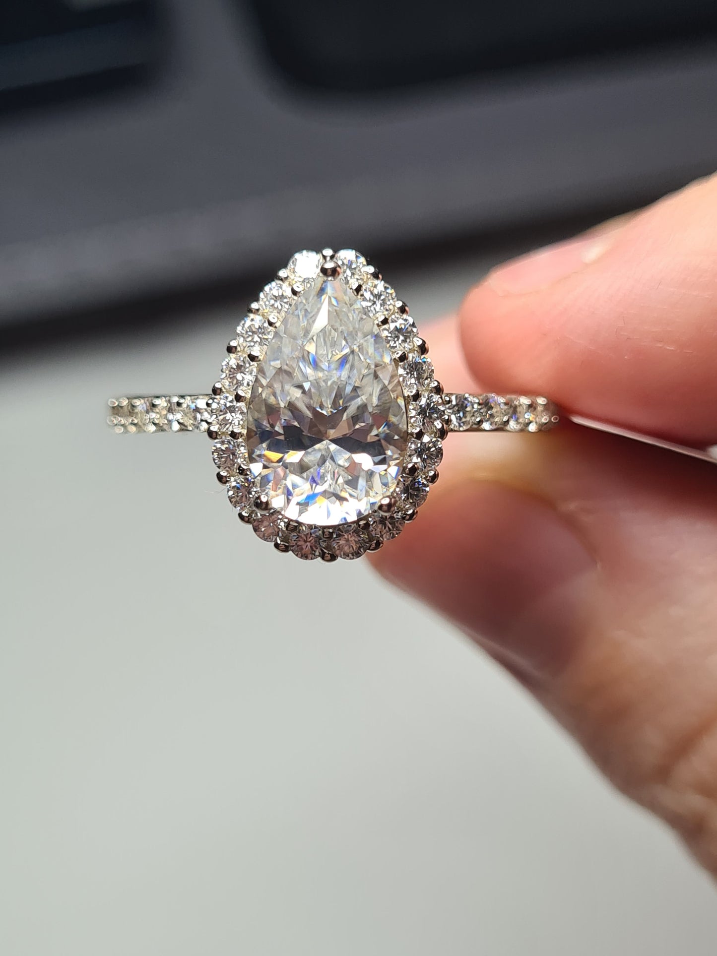 3.71ct Pear Cut Halo Moissanite Ring 925 Sterling Silver SIZE L