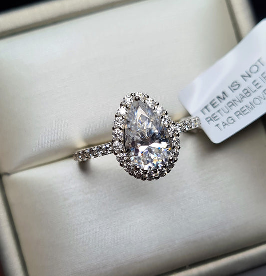 3.71ct Pear Cut Halo Moissanite Ring 925 Sterling Silver SIZE L