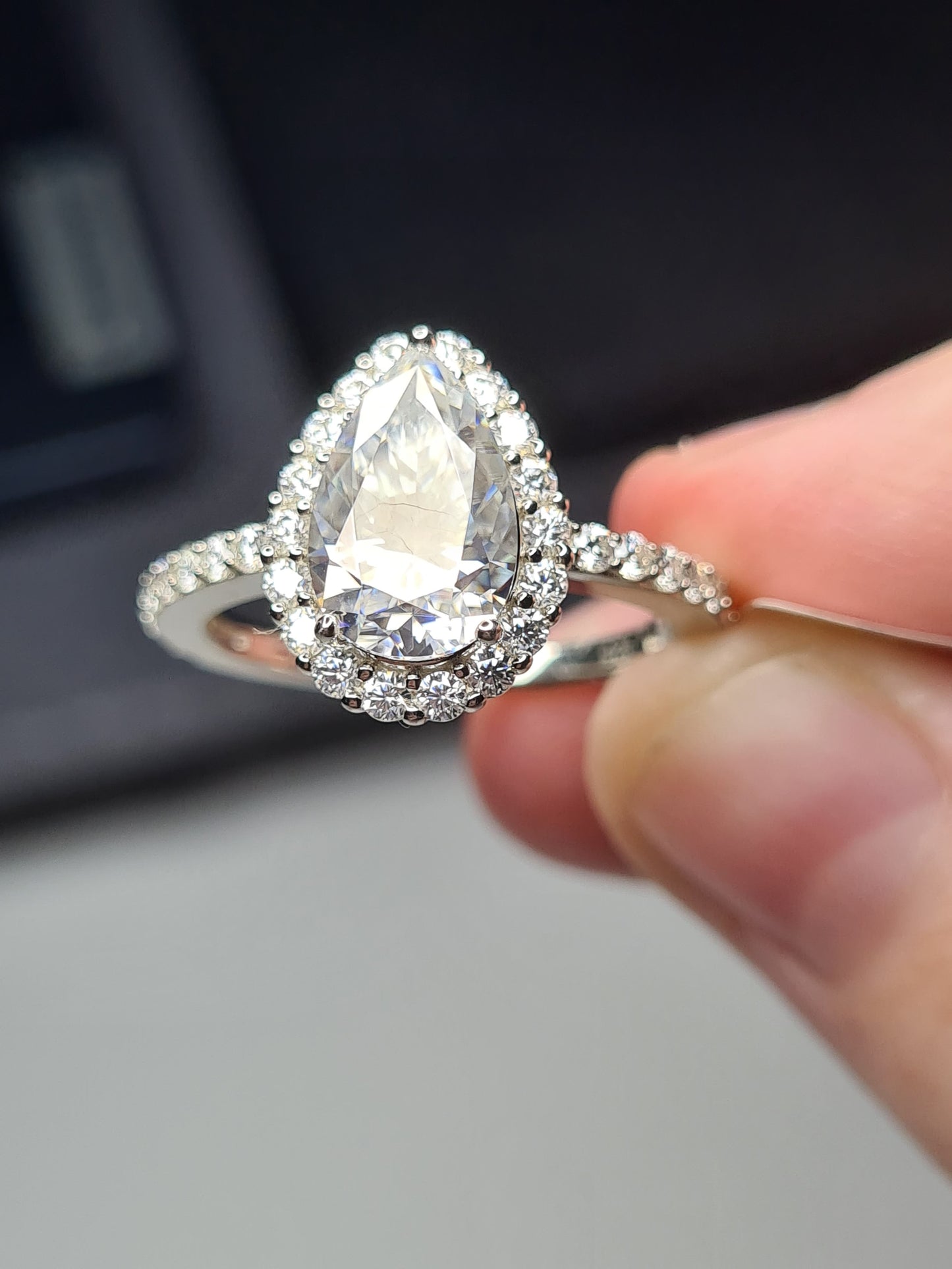 3.71ct Pear Cut Halo Moissanite Ring 925 Sterling Silver SIZE L