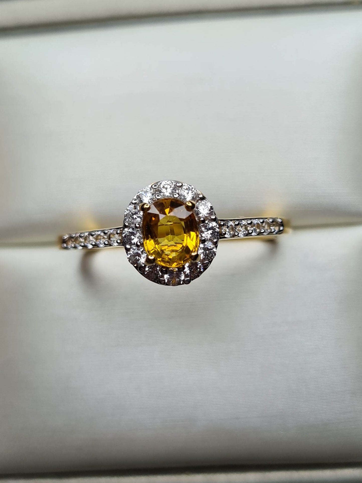 Yellow Sapphire and Natural Cambodian Zircon Halo Ring 18K Gold Overlay Sterling Silver SIZE W