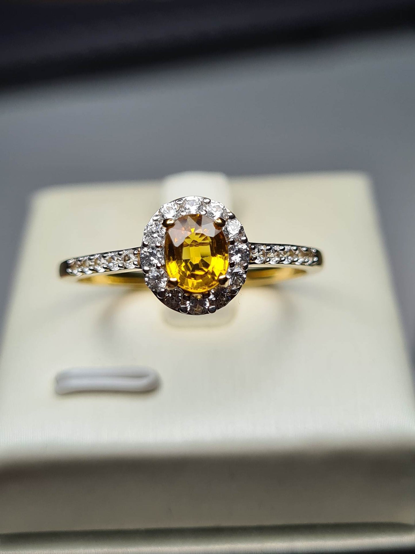 Yellow Sapphire and Natural Cambodian Zircon Halo Ring 18K Gold Overlay Sterling Silver SIZE W