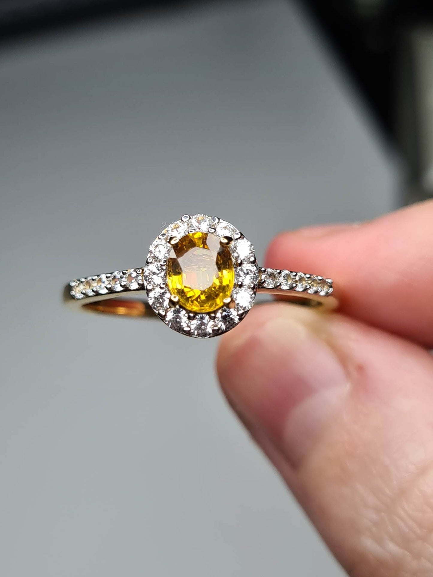 Yellow Sapphire and Natural Cambodian Zircon Halo Ring 18K Gold Overlay Sterling Silver SIZE W