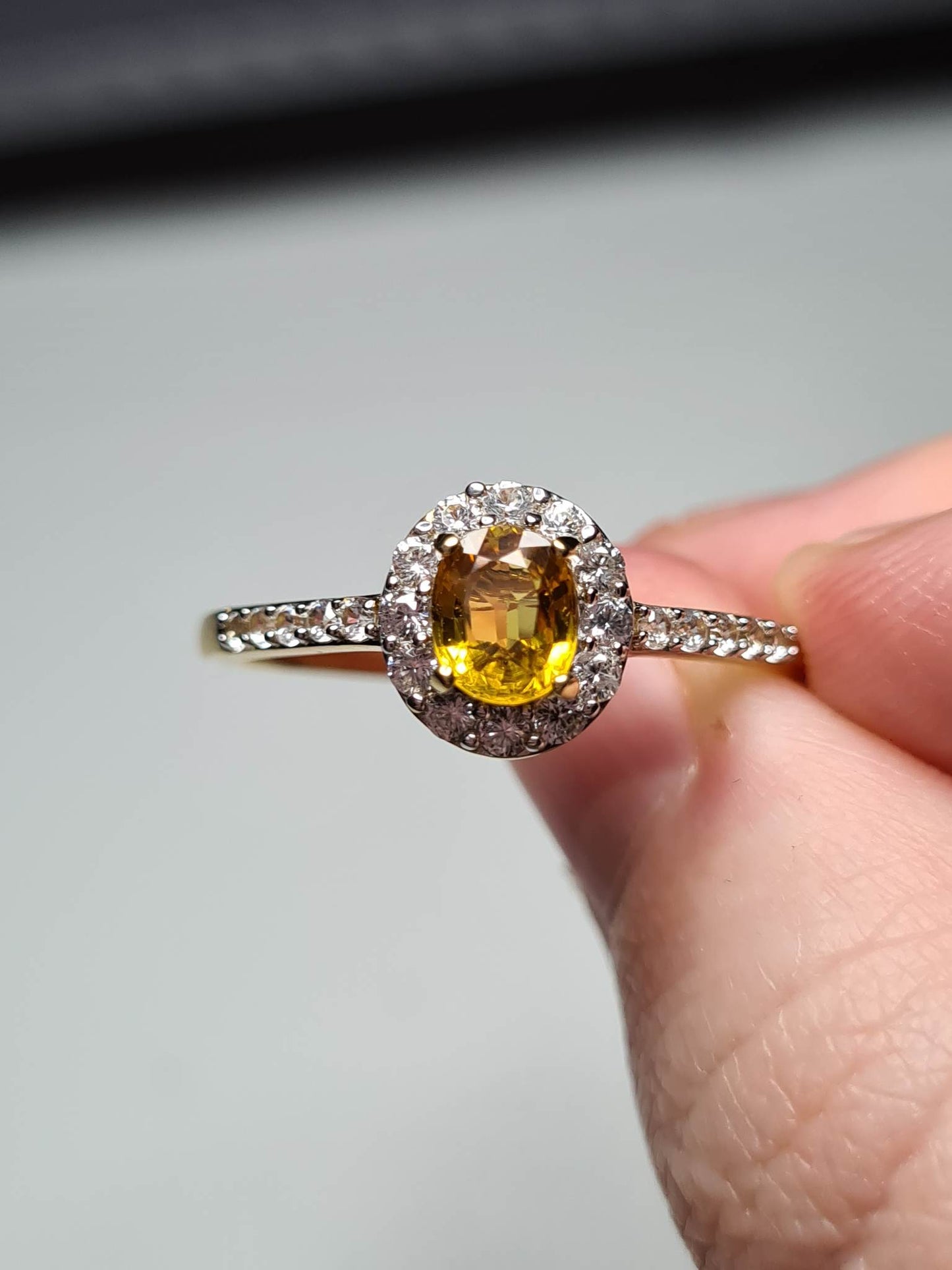 Yellow Sapphire and Natural Cambodian Zircon Halo Ring 18K Gold Overlay Sterling Silver SIZE W