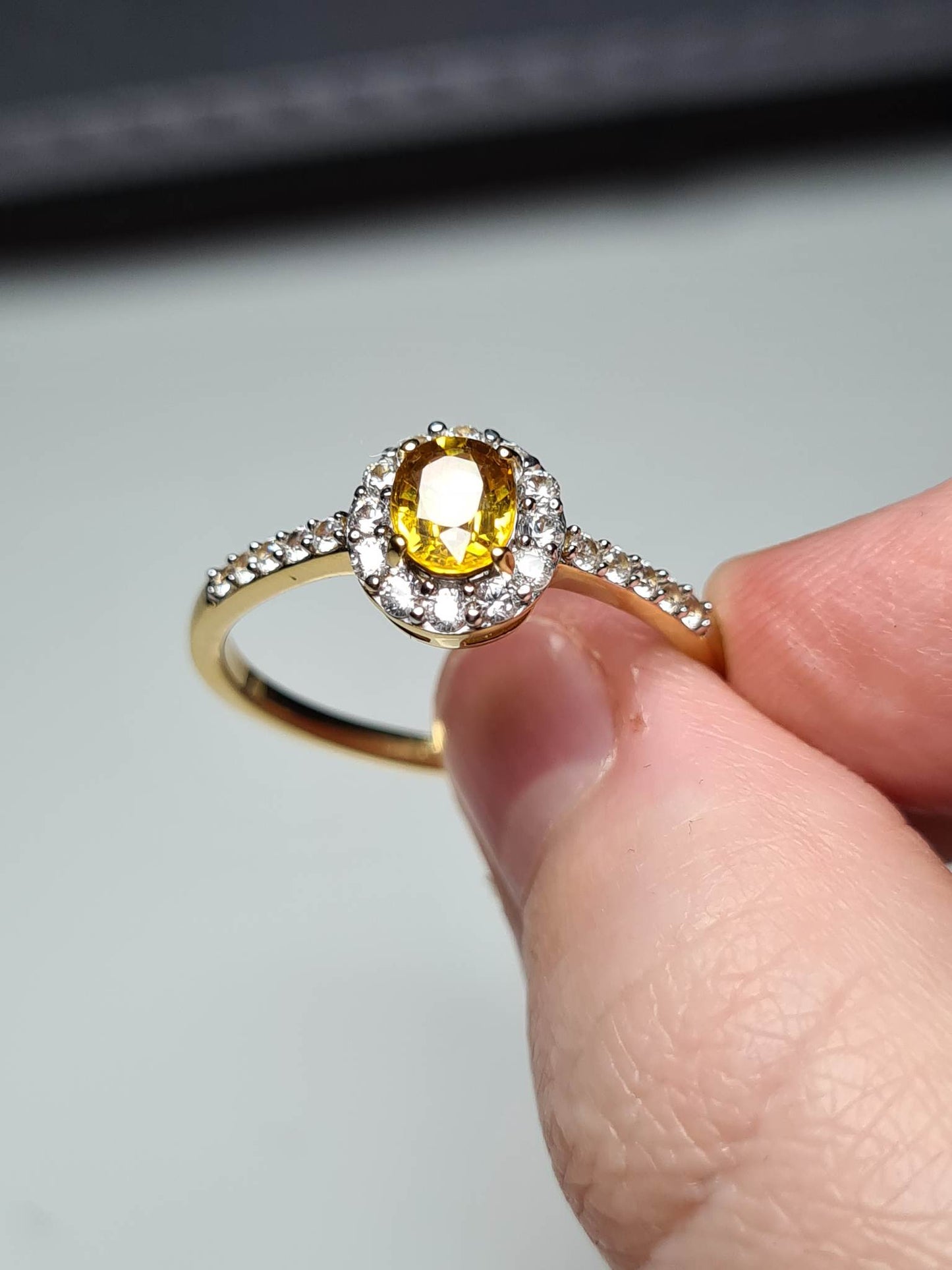 Yellow Sapphire and Natural Cambodian Zircon Halo Ring 18K Gold Overlay Sterling Silver SIZE W
