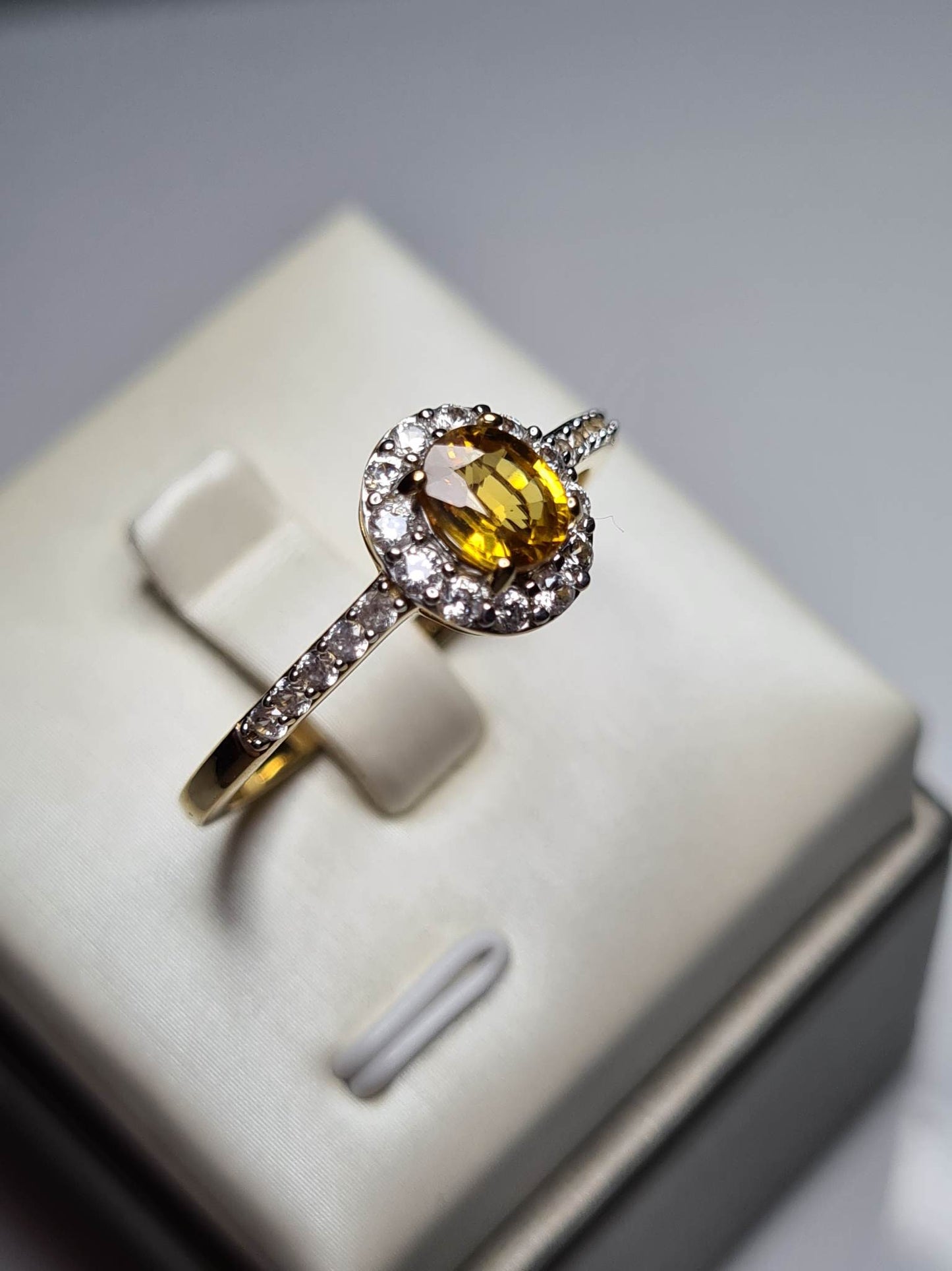 Yellow Sapphire and Natural Cambodian Zircon Halo Ring 18K Gold Overlay Sterling Silver SIZE W