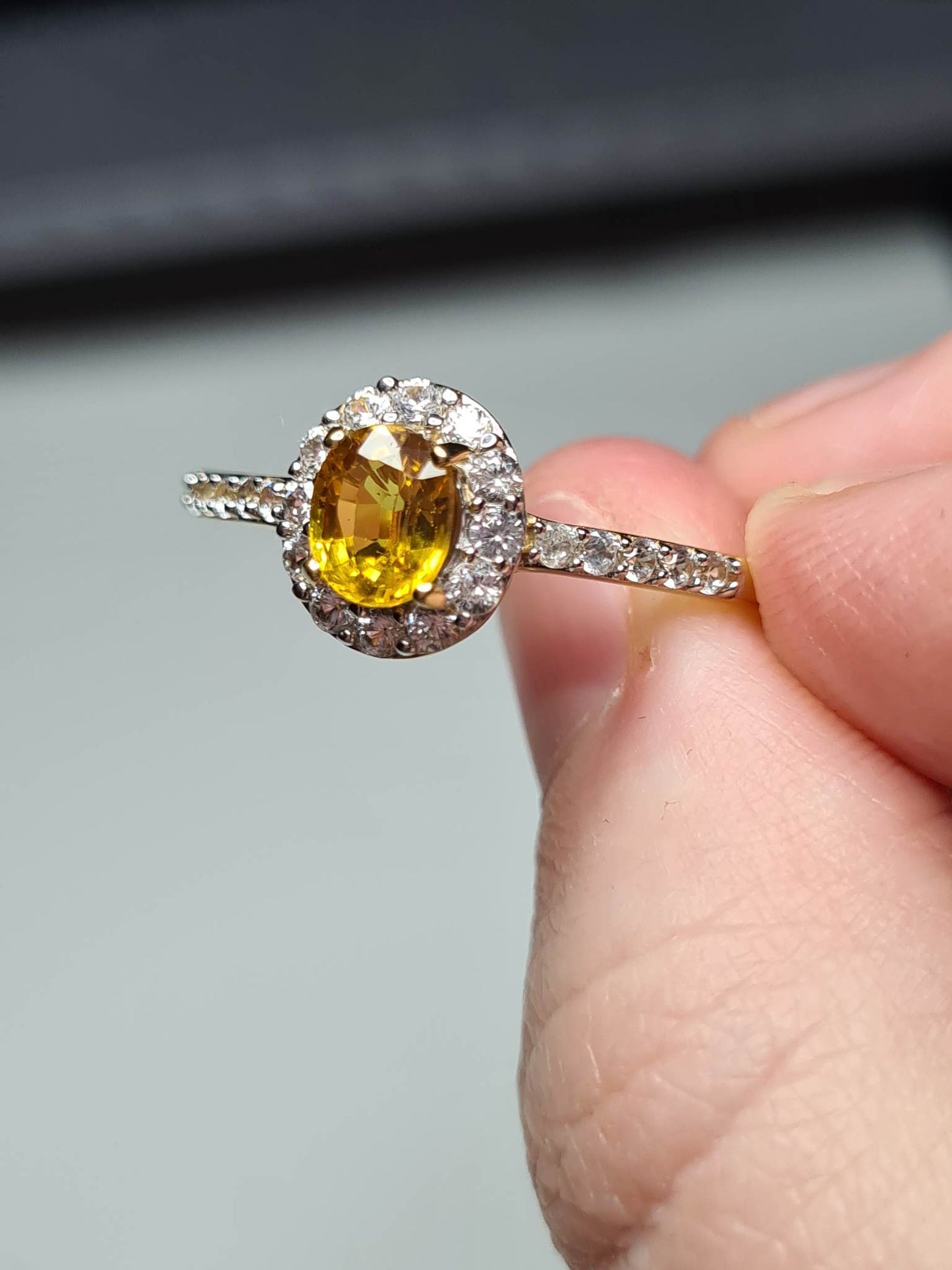 Yellow Sapphire and Natural Cambodian Zircon Halo Ring 18K Gold Overlay Sterling Silver SIZE W