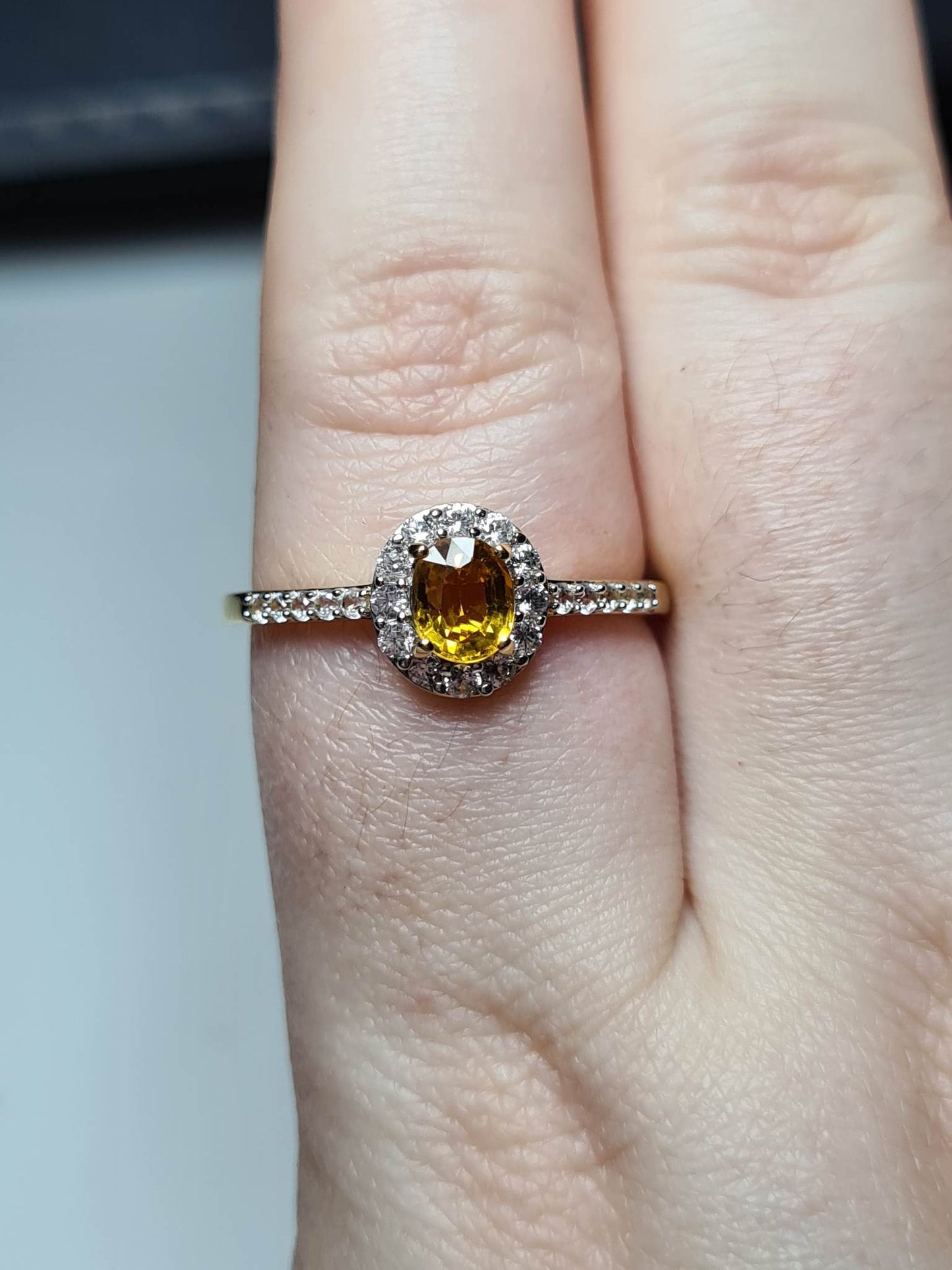 Yellow Sapphire and Natural Cambodian Zircon Halo Ring 18K Gold Overlay Sterling Silver SIZE W