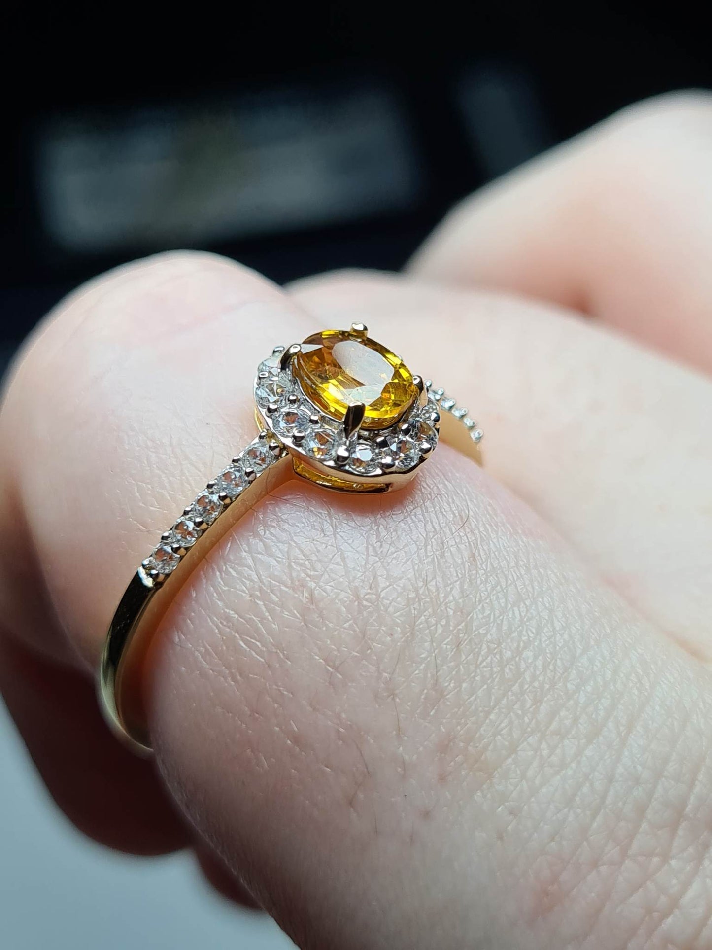 Yellow Sapphire and Natural Cambodian Zircon Halo Ring 18K Gold Overlay Sterling Silver SIZE W