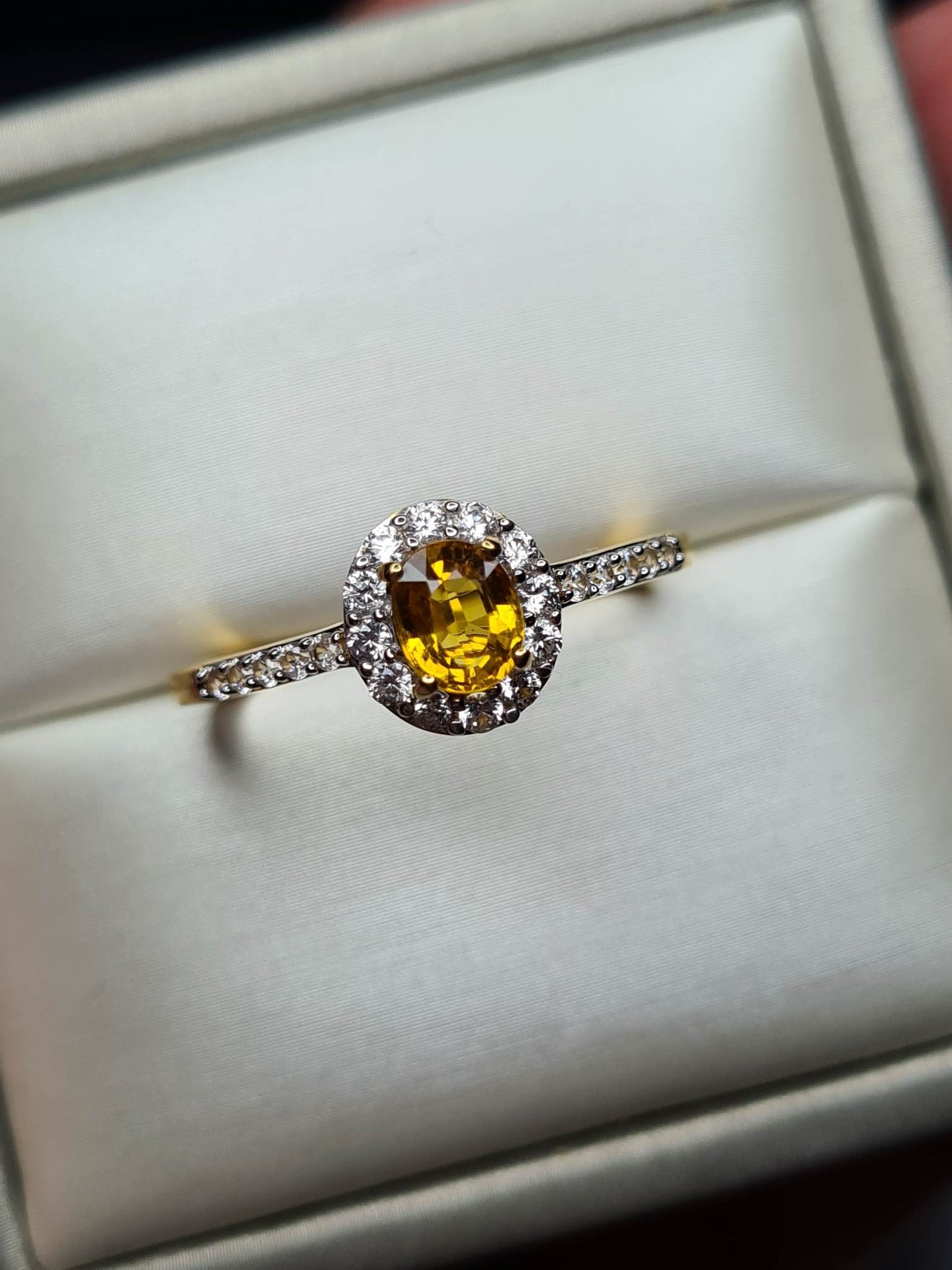 Yellow Sapphire and Natural Cambodian Zircon Halo Ring 18K Gold Overlay Sterling Silver SIZE W