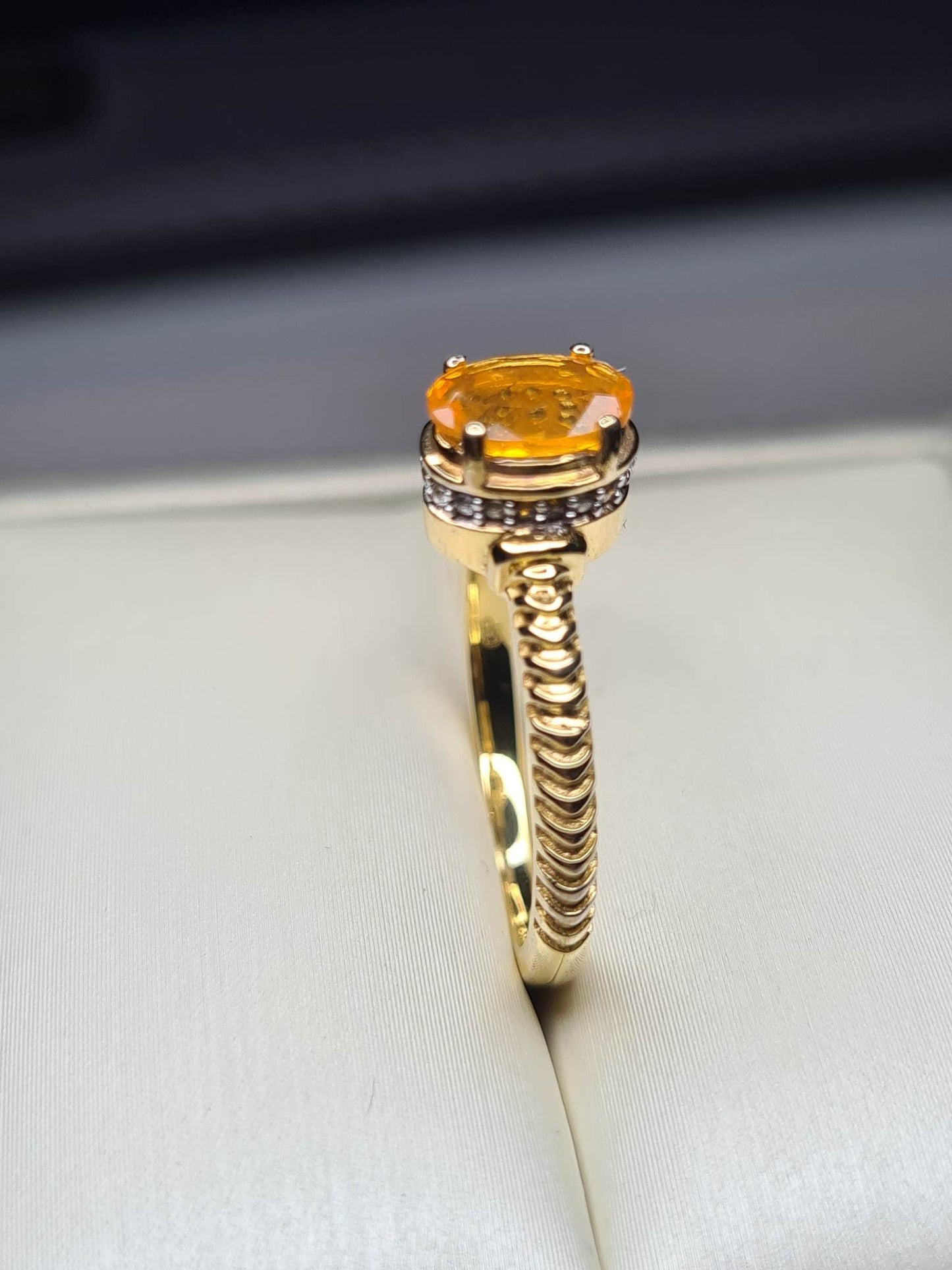 Art Deco Fire Opal And Zircon Ring Sterling Silver Gold Overlay SIZE M