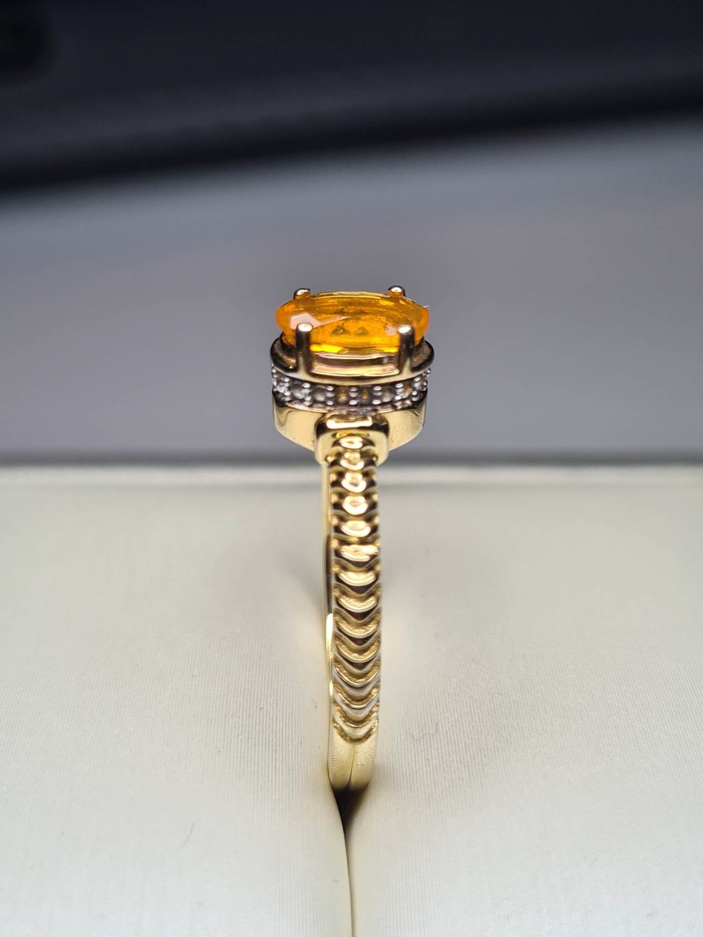 Art Deco Fire Opal And Zircon Ring Sterling Silver Gold Overlay SIZE M