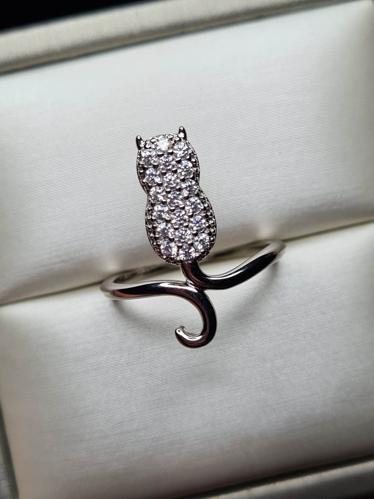 Simulated Diamond Cat Ring 925 Sterling Silver SIZE M