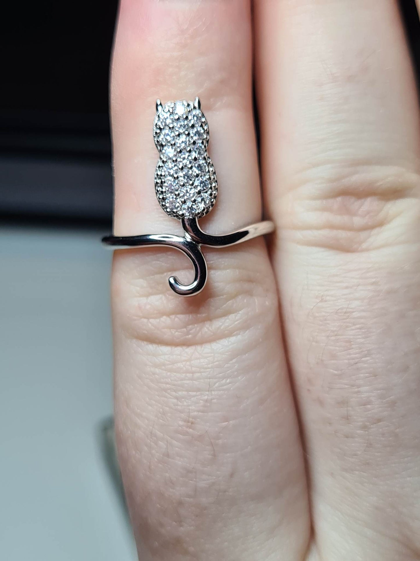 Simulated Diamond Cat Ring 925 Sterling Silver SIZE M