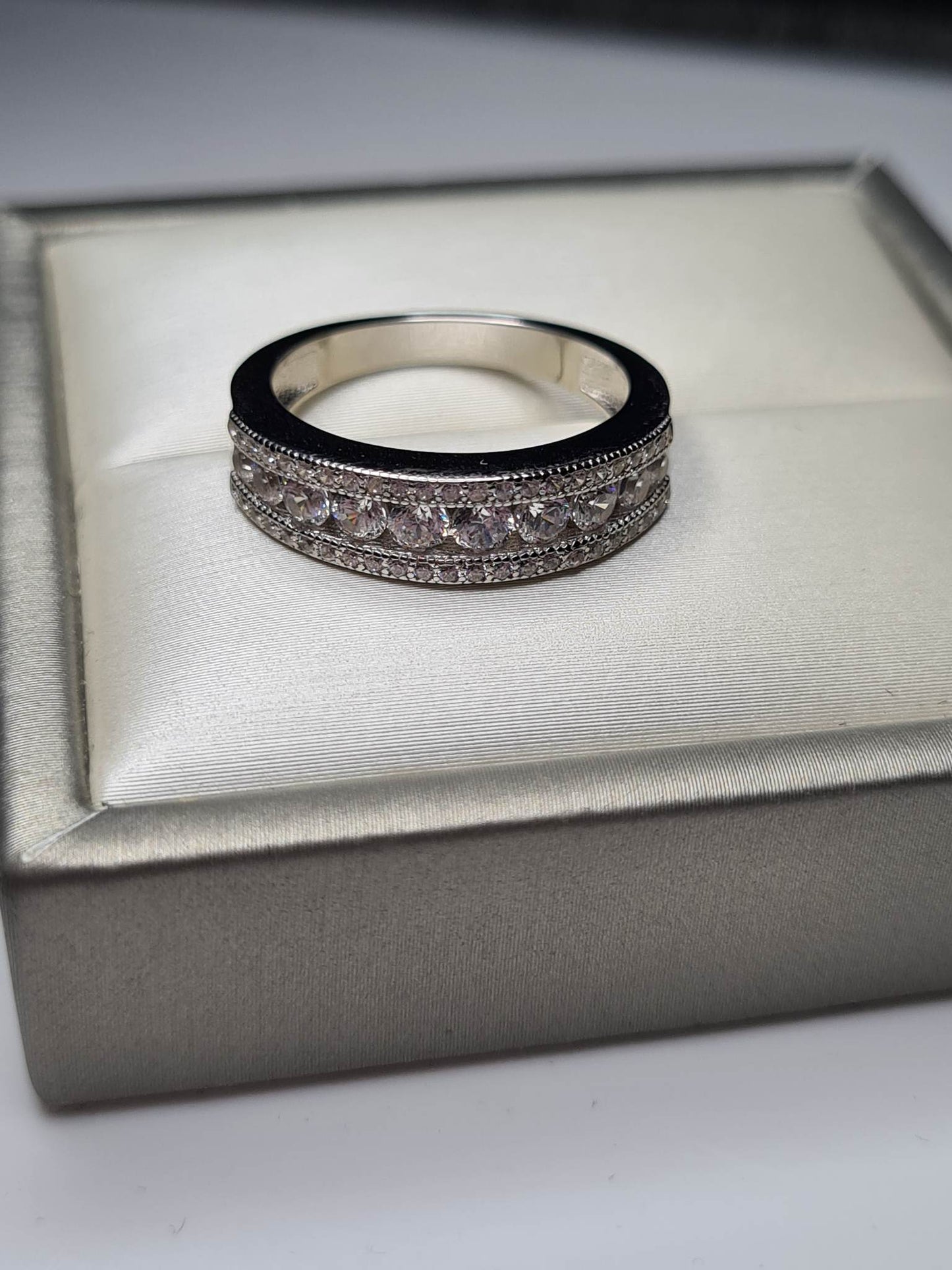 Simulated Diamond Half Eternity Band 925 Sterling Silver SIZE N