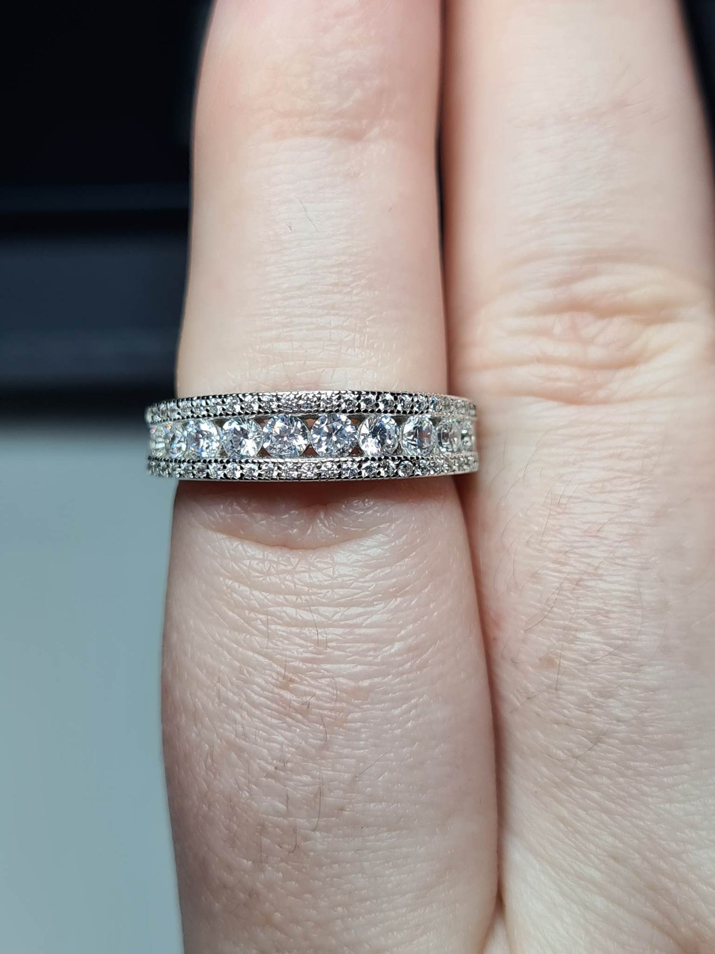 Simulated Diamond Half Eternity Band 925 Sterling Silver SIZE N