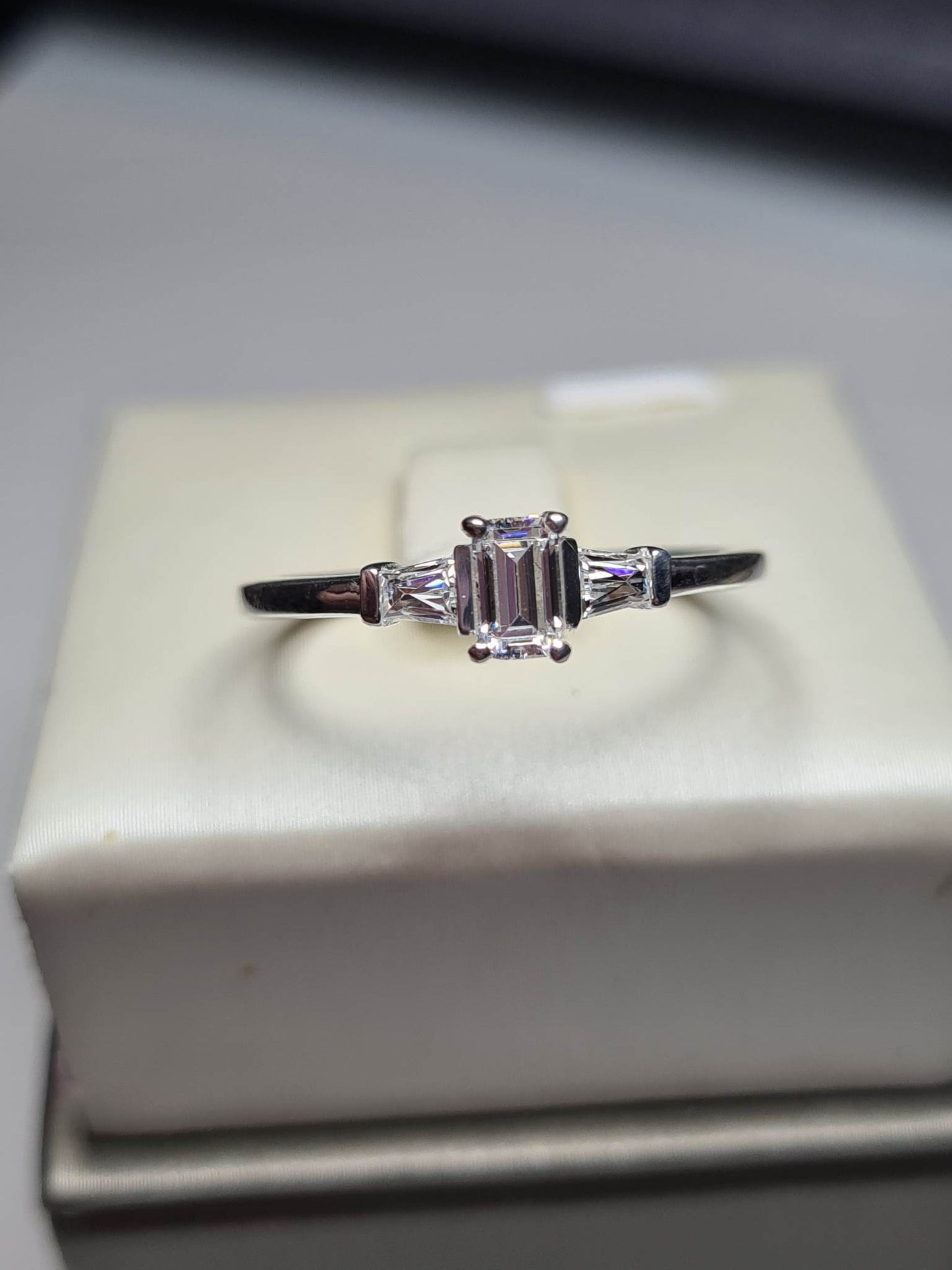 Swarovski Zirconia Octagon and taper baguette cut Ring Sterling Silver SIZES N , Q