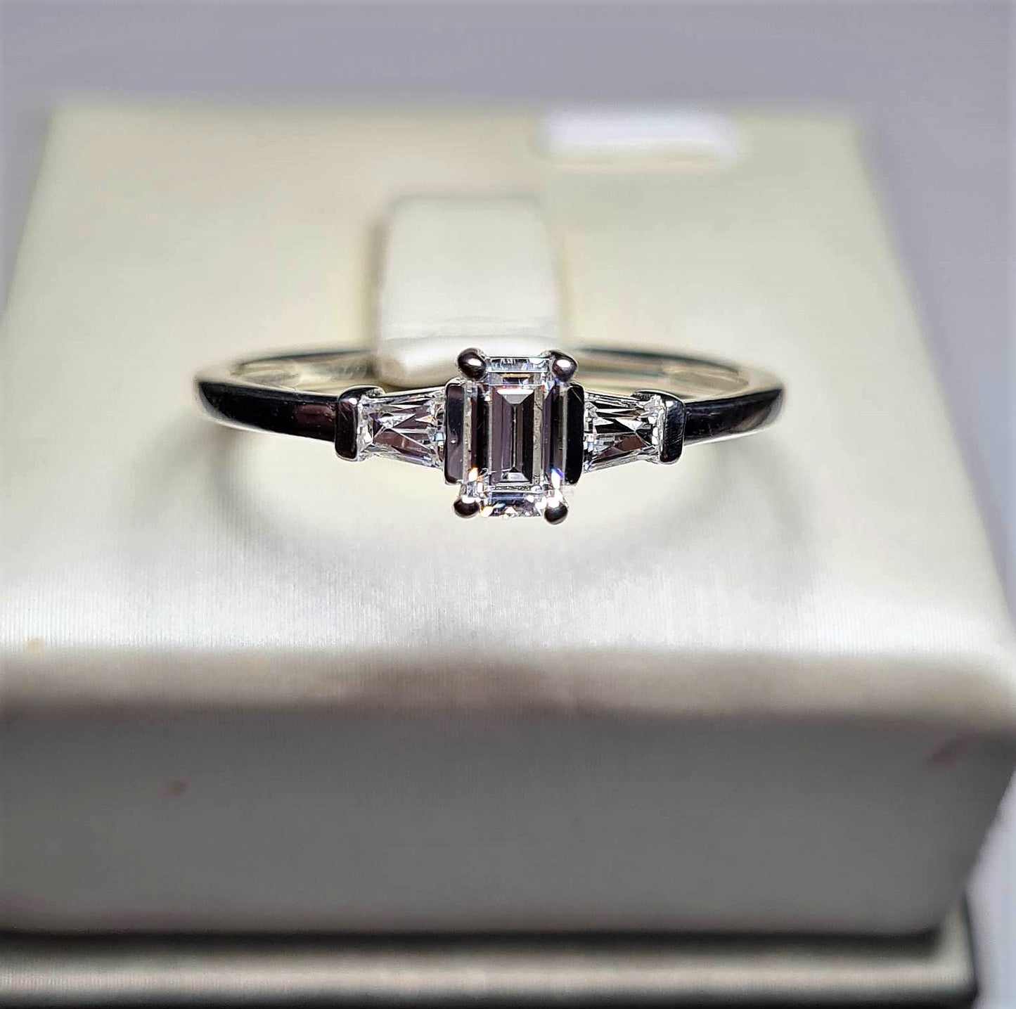 Swarovski Zirconia Octagon and taper baguette cut Ring Sterling Silver SIZES N , Q