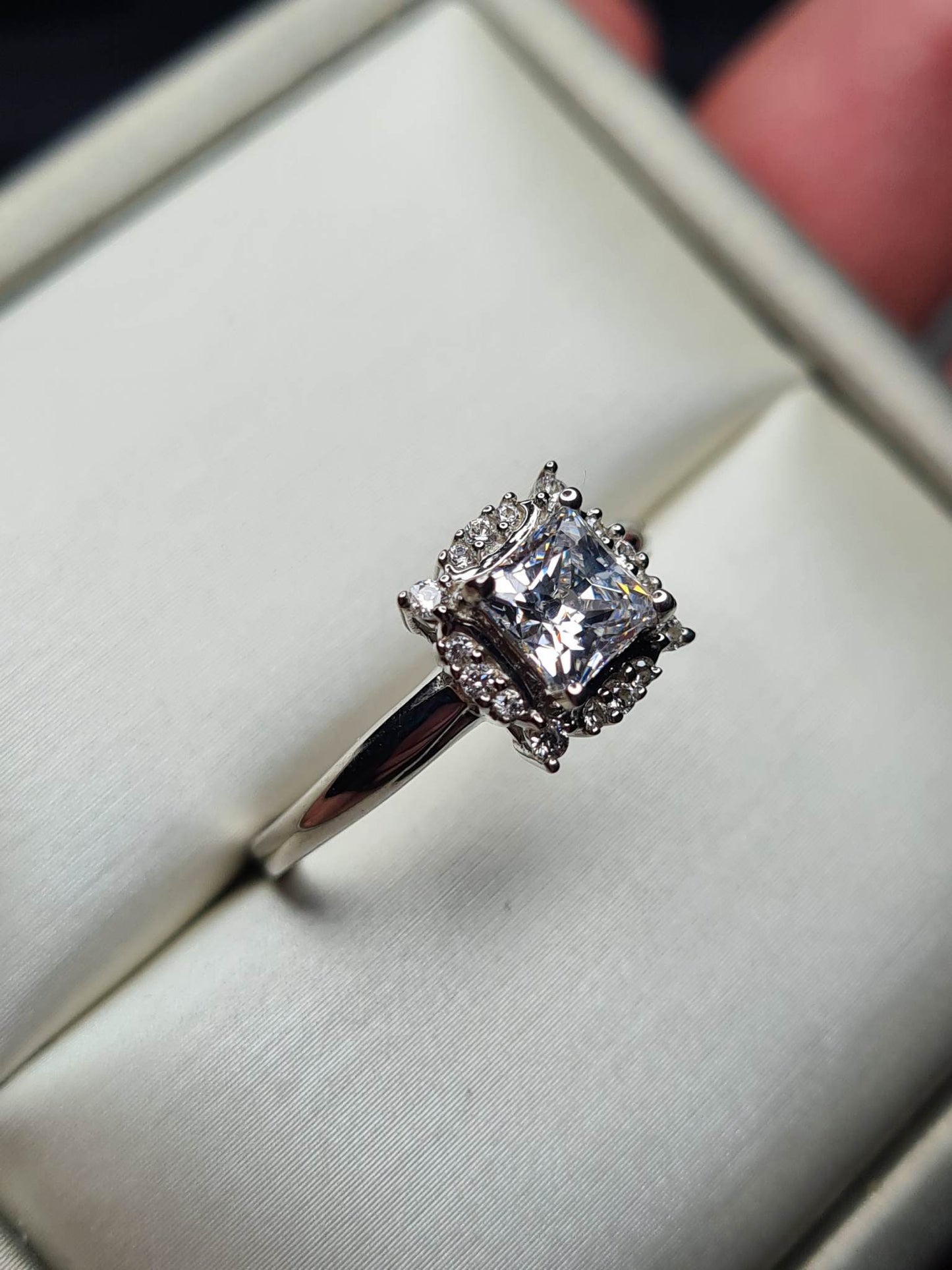 Swarovski Zirconia Princess Cut Halo Ring Sterling Silver SIZE M