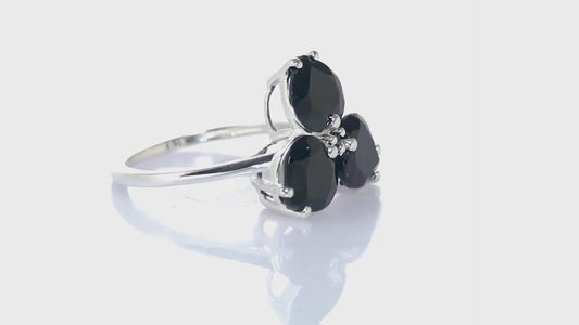 Black Spinel Clover Floral Ring Set in 925 Sterling Silver SIZES N, O