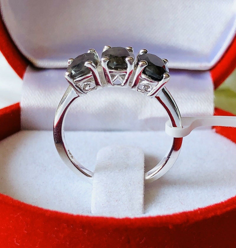 1.780ct Silver Sapphire Trilogy Ring in 925 Sterling Silver SIZE P