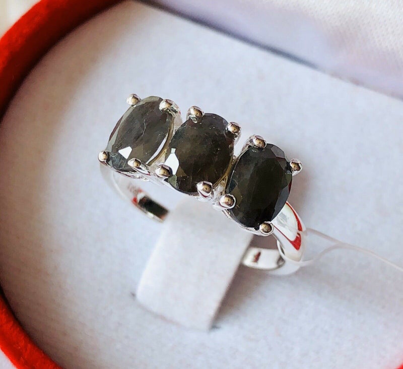 1.780ct Silver Sapphire Trilogy Ring in 925 Sterling Silver SIZE P