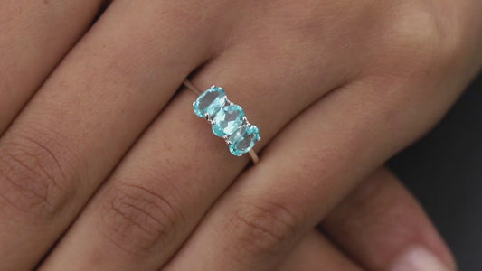 Paraiba Apatite 3 Stone Ring in Sterling Silver 1.54 Ct. SIZE N