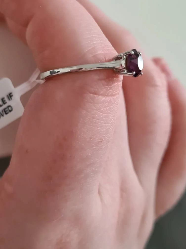 Purple Solitaire Swarovski Crystal Sterling Silver Ring SIZE O
