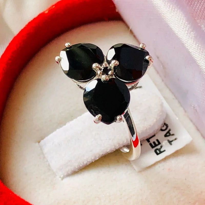 Black Spinel Clover Floral Ring Set in 925 Sterling Silver SIZES N, O