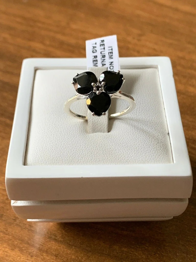 Black Spinel Clover Floral Ring Set in 925 Sterling Silver SIZES N, O