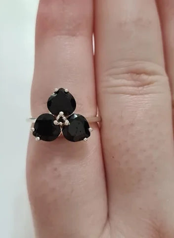 Black Spinel Clover Floral Ring Set in 925 Sterling Silver SIZES N, O