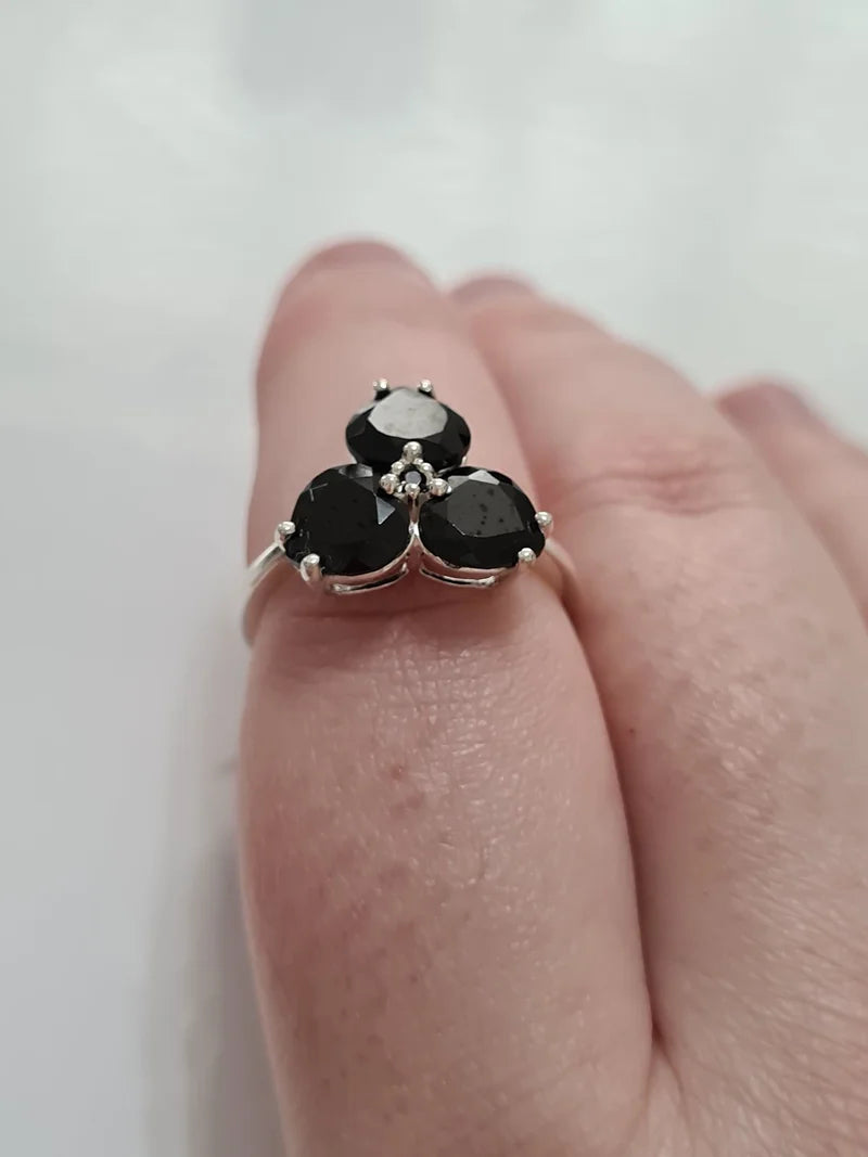 Black Spinel Clover Floral Ring Set in 925 Sterling Silver SIZES N, O
