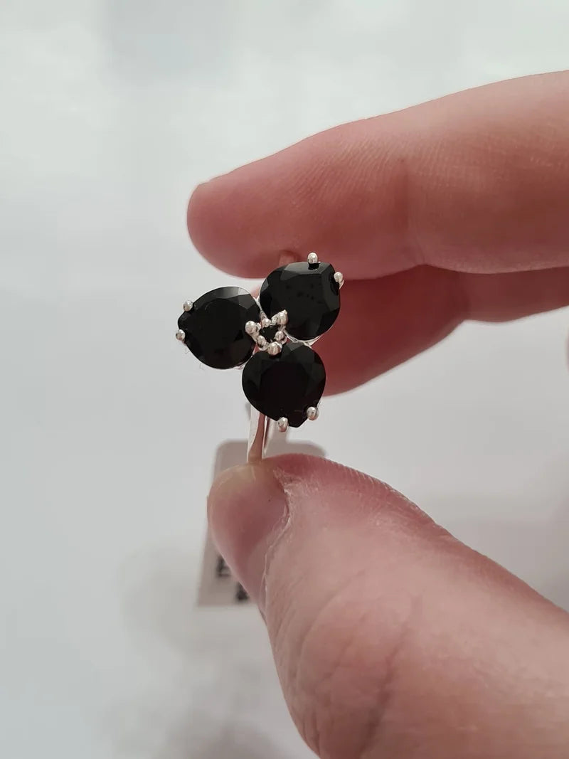 Black Spinel Clover Floral Ring Set in 925 Sterling Silver SIZES N, O