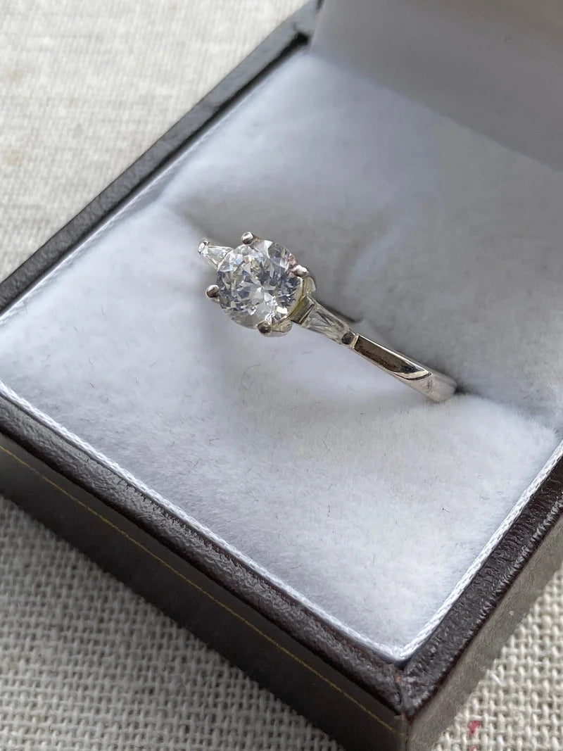 Swarovski zirconia Solitaire With Baguette Cut Shoulders SIZES N,P