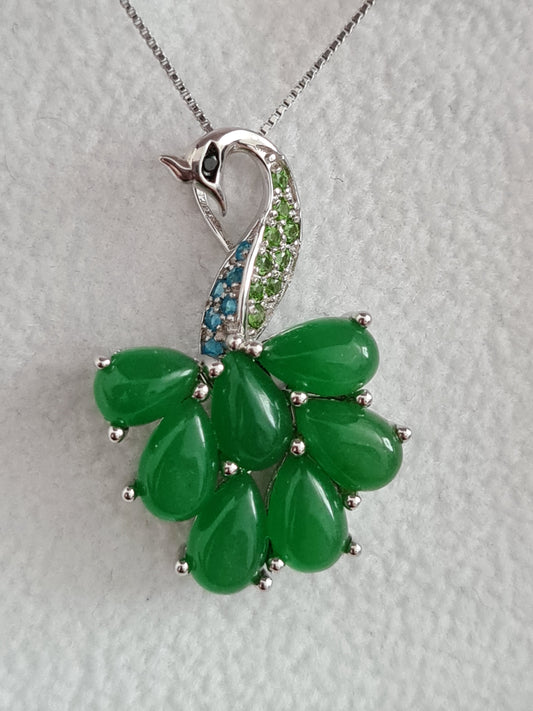 Green Jade & Gemstone Peacock Necklace Sterling Silver