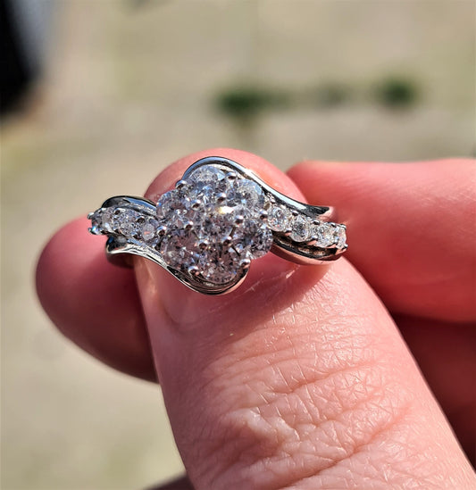 Simulated Diamond Floral Bypass Ring 925 Sterling Silver SIZE L