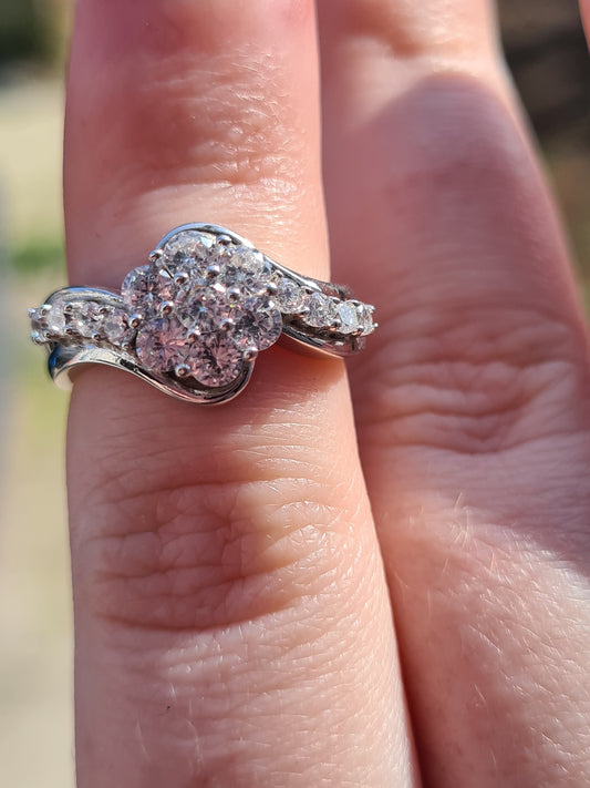 Simulated Diamond Floral Bypass Ring 925 Sterling Silver SIZE L