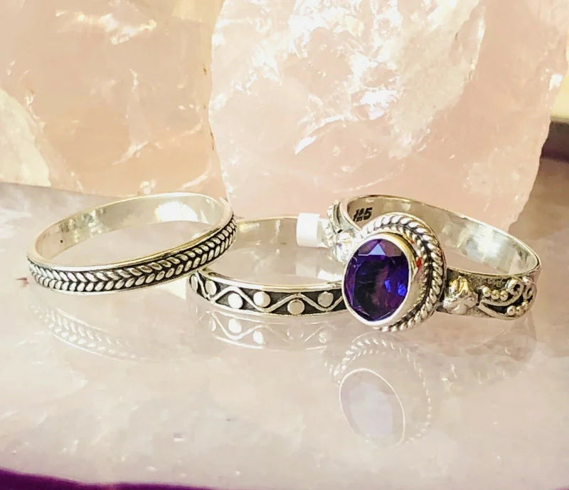 Set Of Three Lusaka Amethyst Stacking Ring in Sterling Silver SIZE R