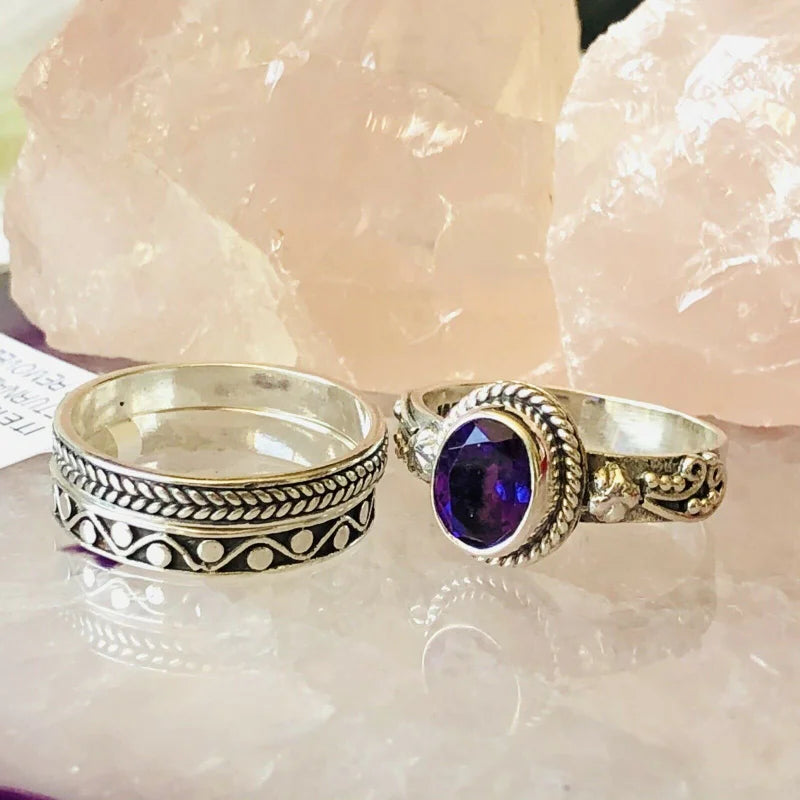 Set Of Three Lusaka Amethyst Stacking Ring in Sterling Silver SIZE R