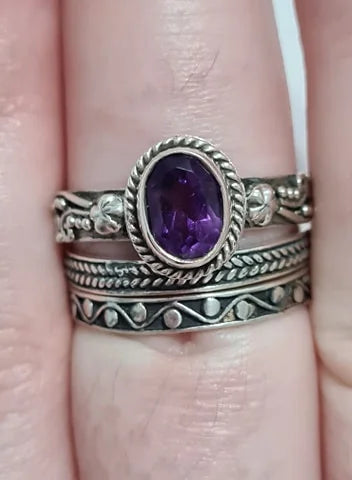 Set Of Three Lusaka Amethyst Stacking Ring in Sterling Silver SIZE R